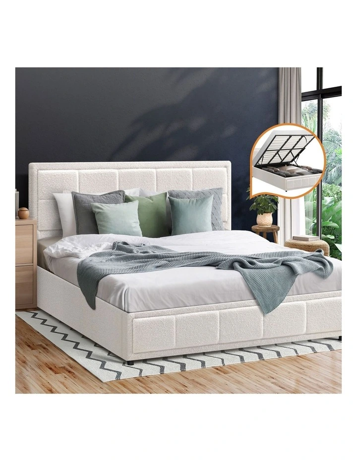 Oikiture Bed Frame King Size Gas Lift Storage Bed Platform Boucle White image 4