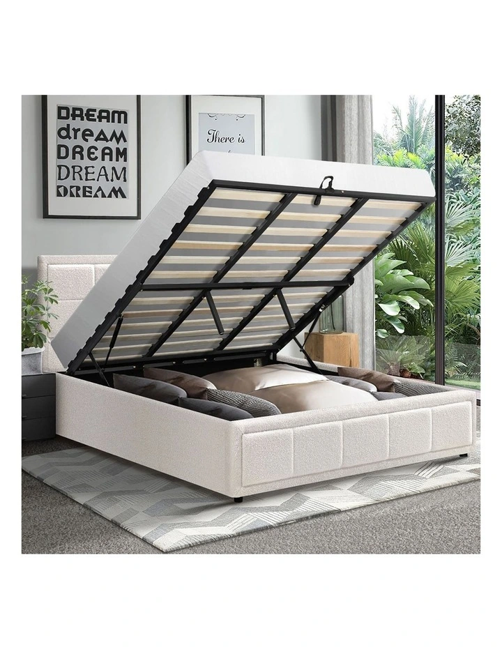 Oikiture Bed Frame King Size Gas Lift Storage Bed Platform Boucle White image 5