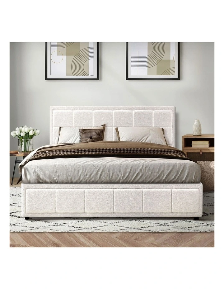 Oikiture Bed Frame King Size Gas Lift Storage Bed Platform Boucle White image 6