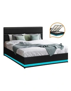 Oikiture RGB LED Bed Frame King Size Gas Lift Base With Storage Black Leather