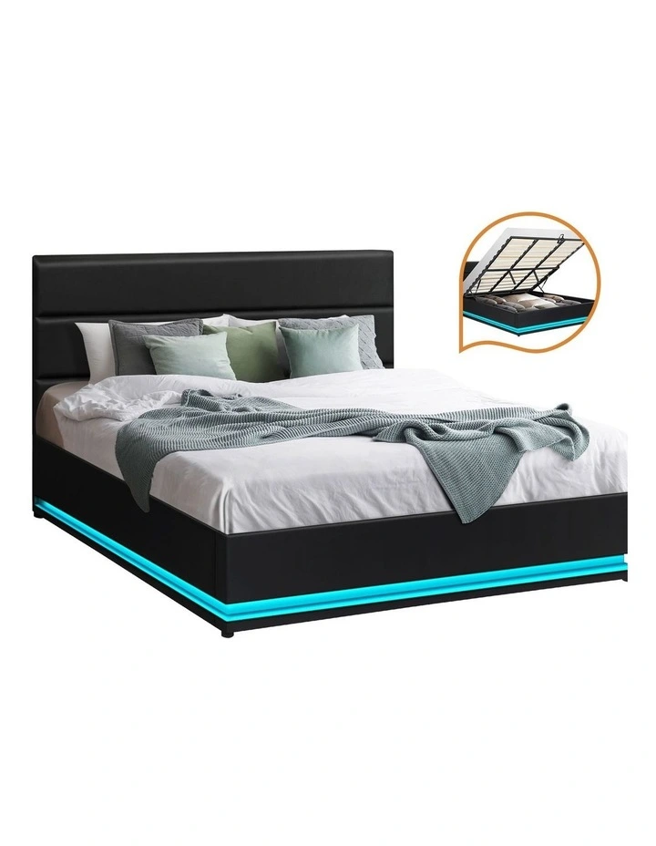 Oikiture RGB LED Bed Frame King Size Gas Lift Base With Storage Black Leather image 1