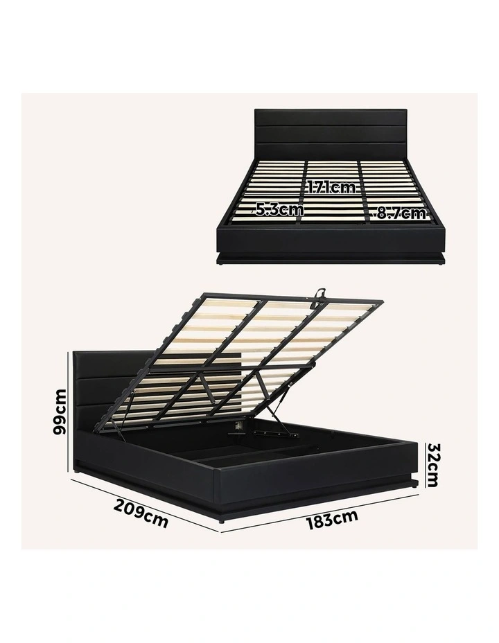 Oikiture RGB LED Bed Frame King Size Gas Lift Base With Storage Black Leather image 3