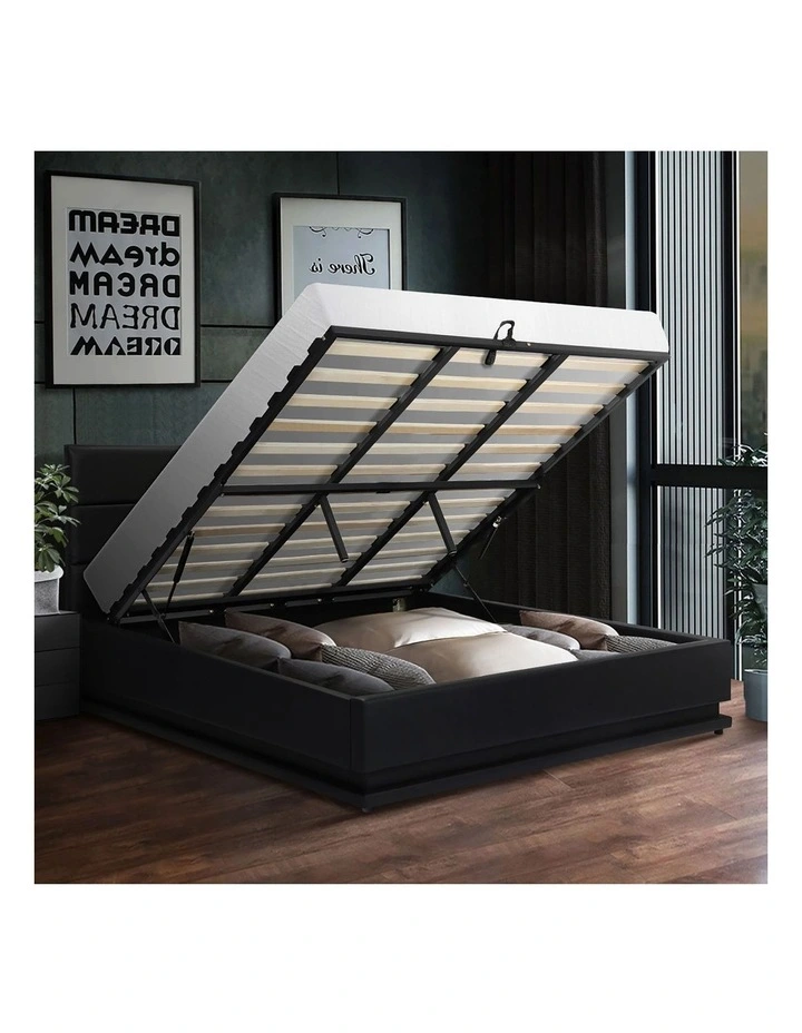 Oikiture RGB LED Bed Frame King Size Gas Lift Base With Storage Black Leather image 5
