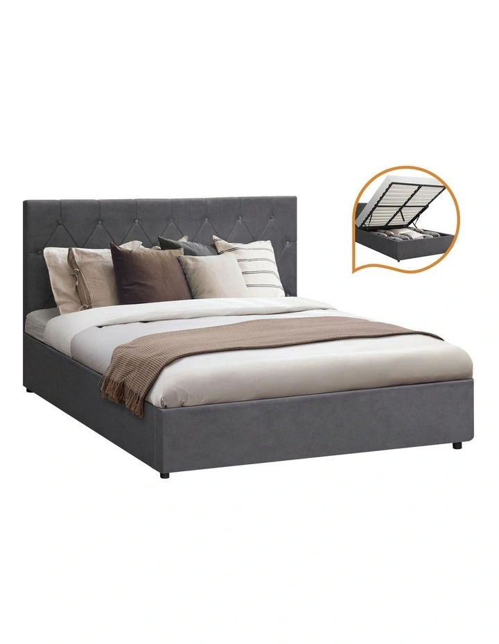 Oikiture Bed Frame Double Size Gas Lift Storage Base Grey Velvet COTI image 1