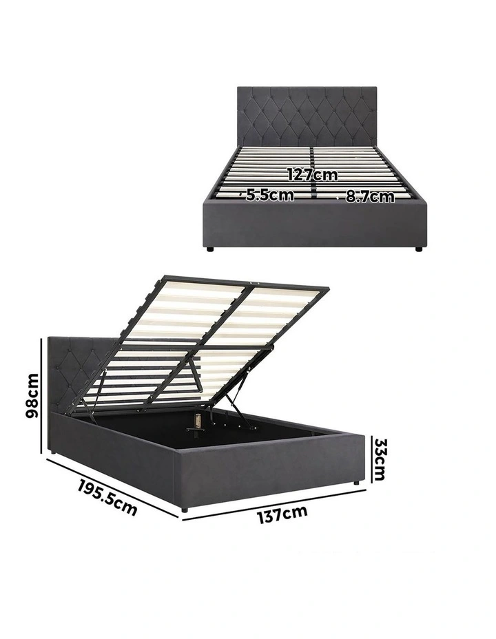 Oikiture Bed Frame Double Size Gas Lift Storage Base Grey Velvet COTI image 3