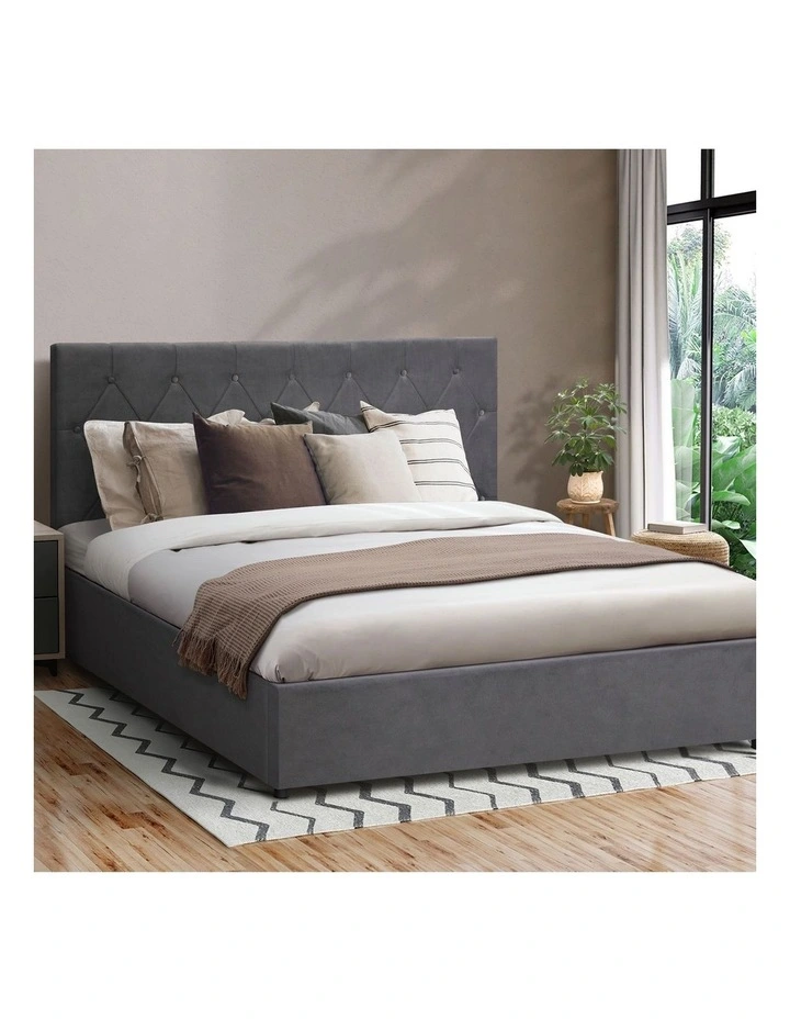 Oikiture Bed Frame Double Size Gas Lift Storage Base Grey Velvet COTI image 4