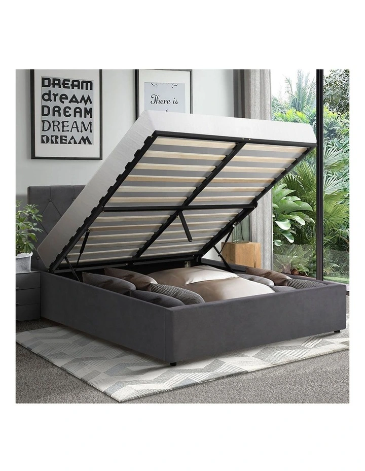 Oikiture Bed Frame Double Size Gas Lift Storage Base Grey Velvet COTI image 5