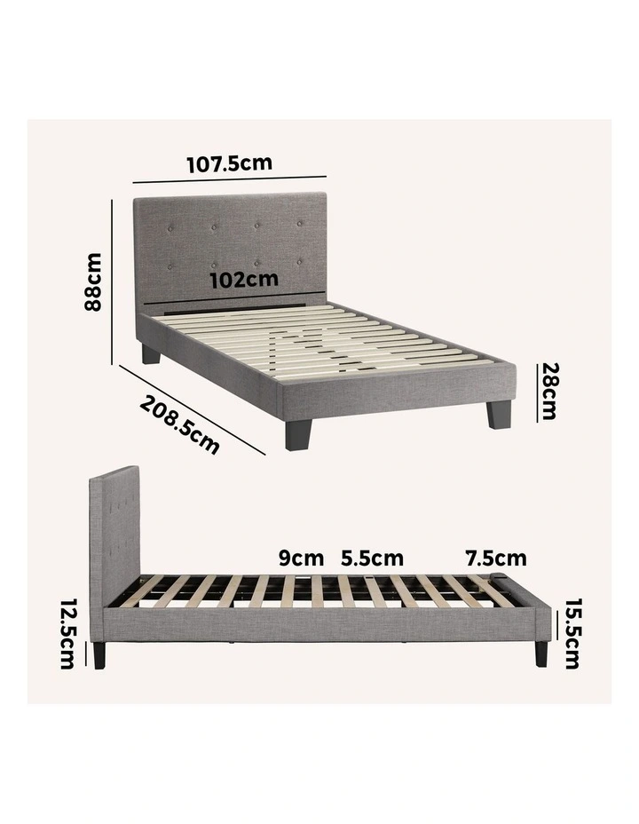 Oikiture Bed Frame King Single Bed Platform Wooden Fabric Grey image 3