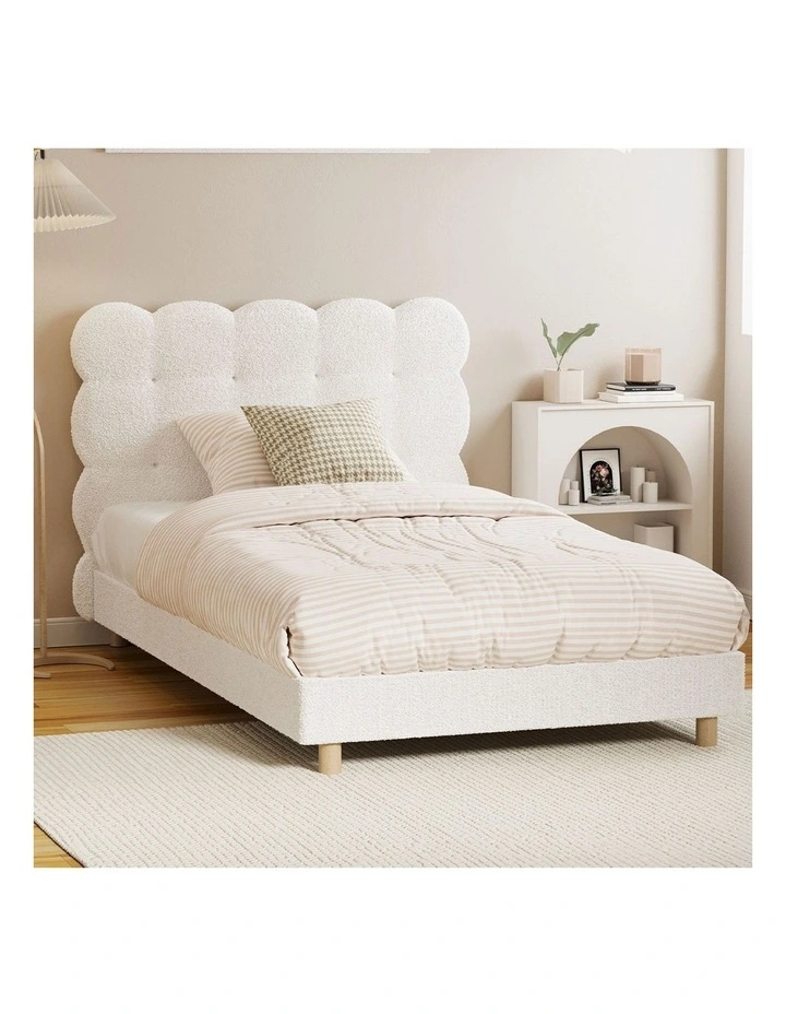 Oikiture Bed Frame King Single Tufted Bedhead Boucle Fabric White image 4