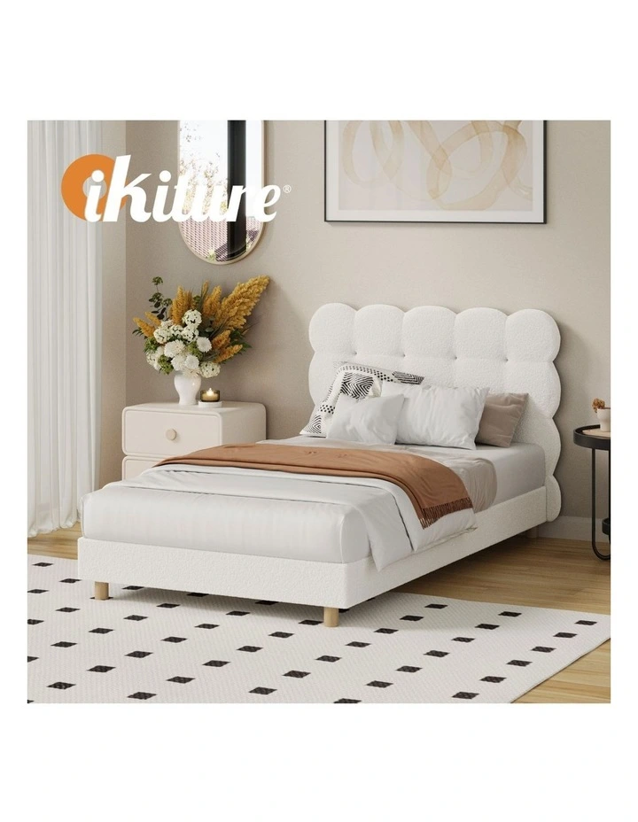 Oikiture Bed Frame King Single Tufted Bedhead Boucle Fabric White image 7