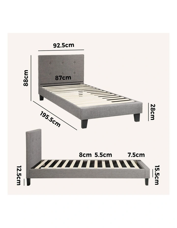 Oikiture Bed Frame Single Size Bed Platform Wooden Fabric Grey image 3
