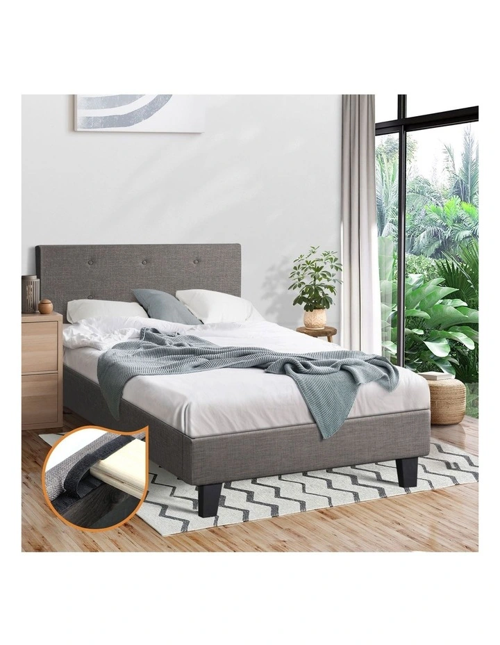 Oikiture Bed Frame Single Size Bed Platform Wooden Fabric Grey image 4