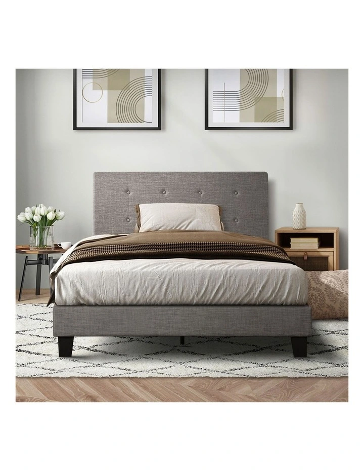 Oikiture Bed Frame Single Size Bed Platform Wooden Fabric Grey image 5