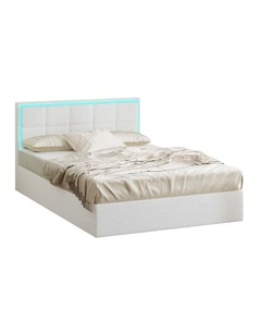 Oikiture Bed Frame Double Size RGB LED Gas Lift Storage Base White Boucle