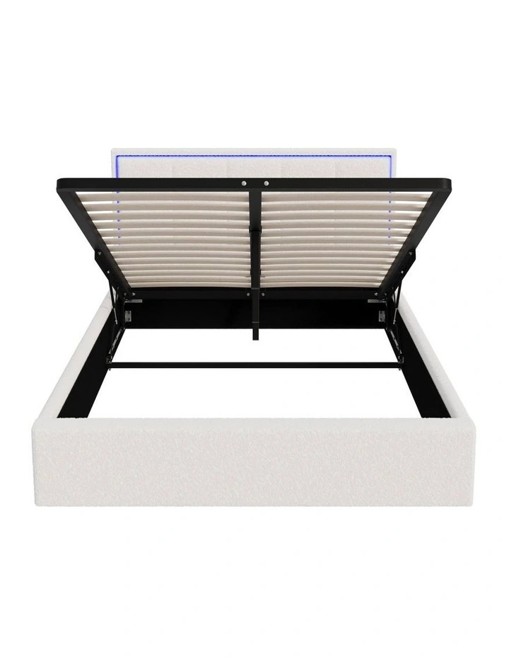 Oikiture Bed Frame Double Size RGB LED Gas Lift Storage Base White Boucle image 2