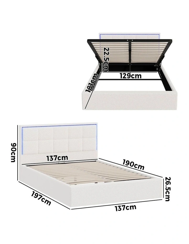 Oikiture Bed Frame Double Size RGB LED Gas Lift Storage Base White Boucle image 3