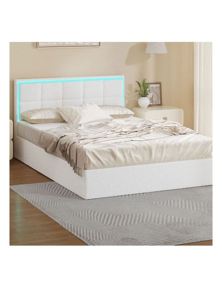 Oikiture Bed Frame Double Size RGB LED Gas Lift Storage Base White Boucle image 4
