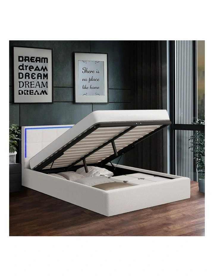 Oikiture Bed Frame Double Size RGB LED Gas Lift Storage Base White Boucle image 5