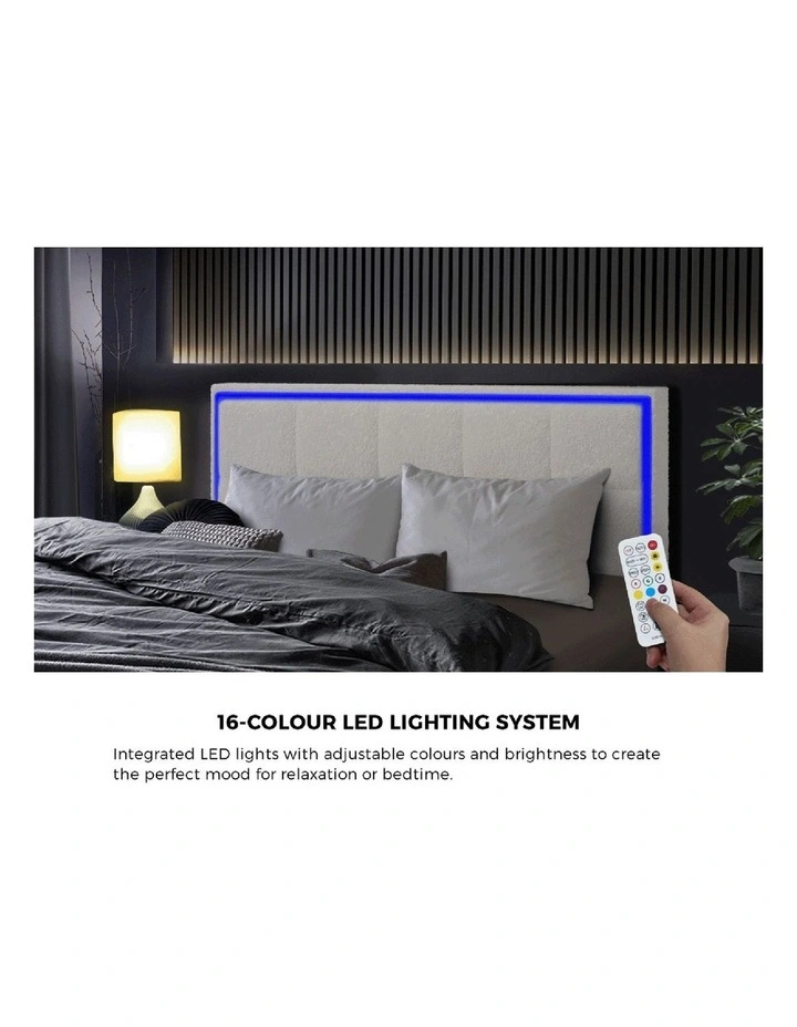 Oikiture Bed Frame Double Size RGB LED Gas Lift Storage Base White Boucle image 6