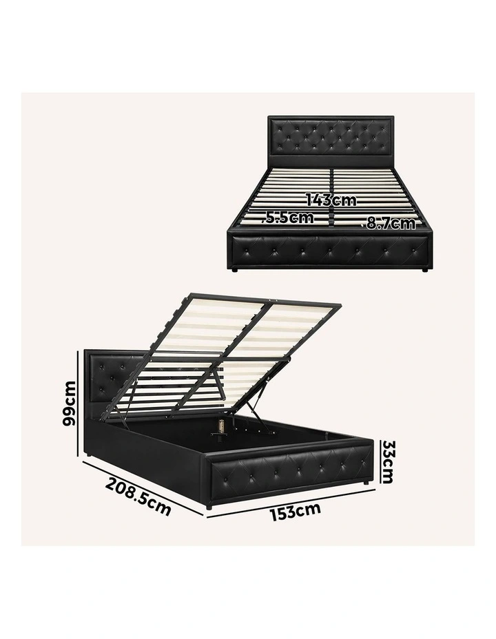 Oikiture Bed Frame Queen Size Gas Lift Base With Storage Black Leather image 3