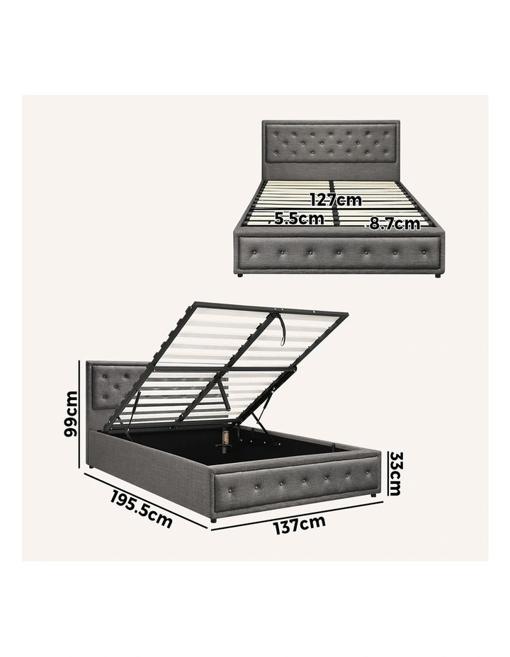 Oikiture Bed Frame Double Size Gas Lift Base With Storage Grey Fabric image 3