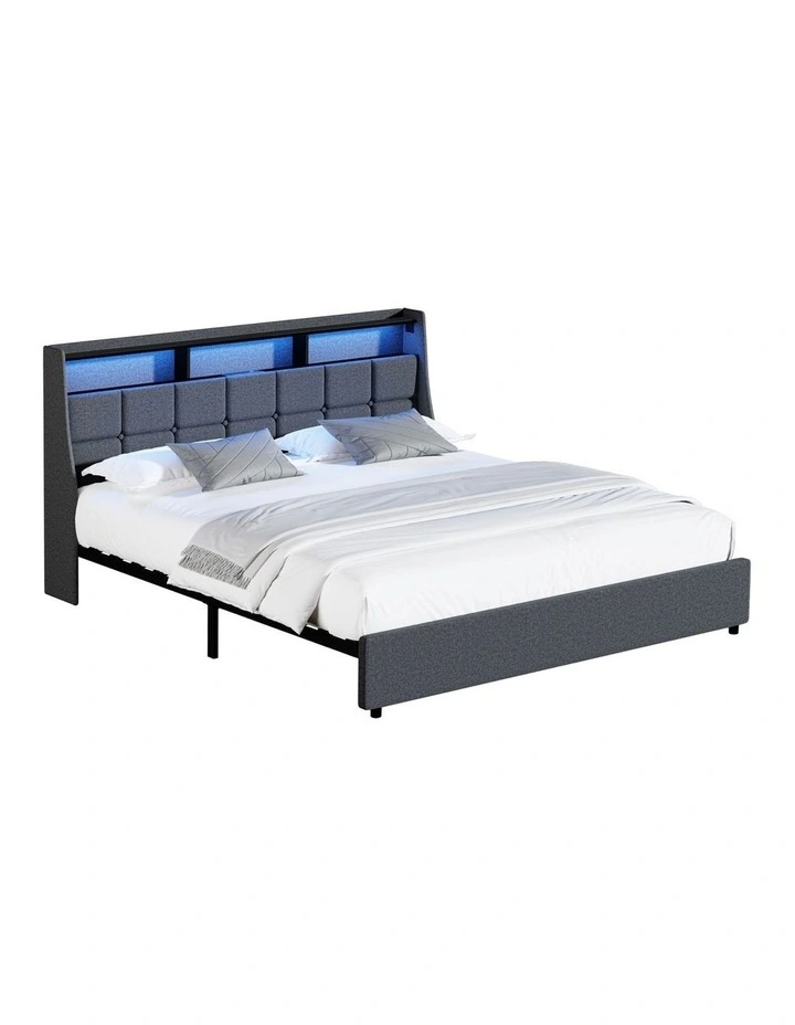 Oikiture King Size Bed Frame With LED Storage Headboard USB Charging image 1