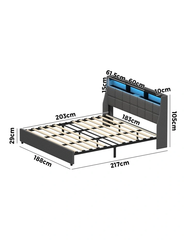 Oikiture King Size Bed Frame With LED Storage Headboard USB Charging image 3