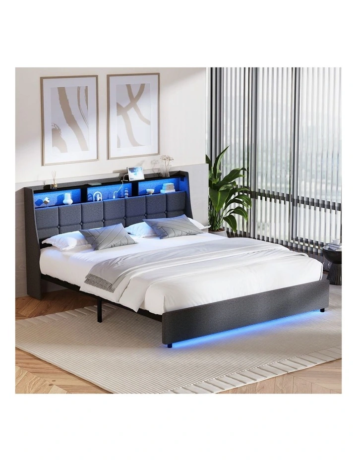 Oikiture King Size Bed Frame With LED Storage Headboard USB Charging image 4