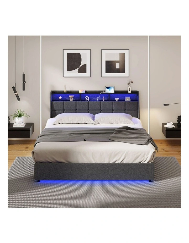 Oikiture King Size Bed Frame With LED Storage Headboard USB Charging image 5