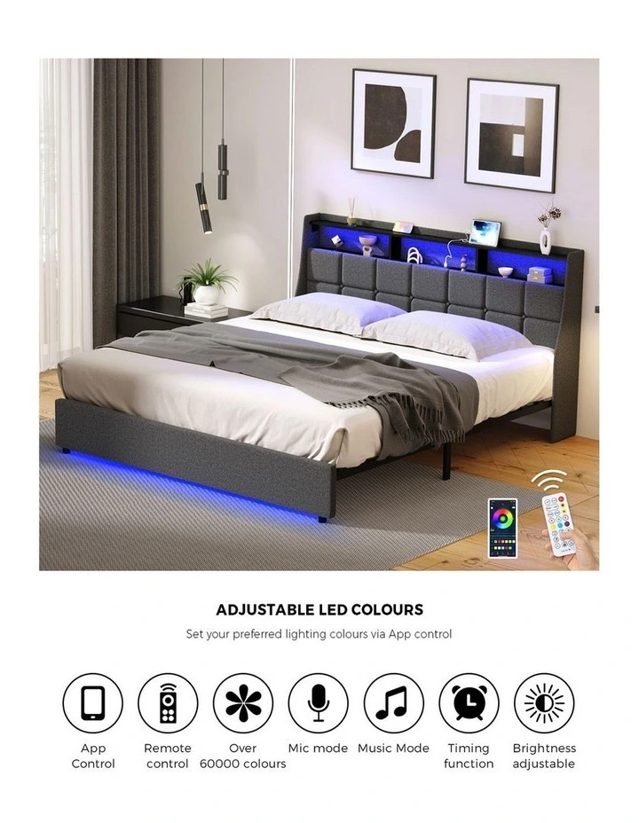 Oikiture King Size Bed Frame With LED Storage Headboard USB Charging image 6