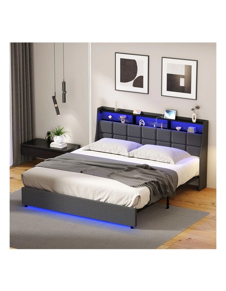 Oikiture King Size Bed Frame With LED Storage Headboard USB Charging image 7