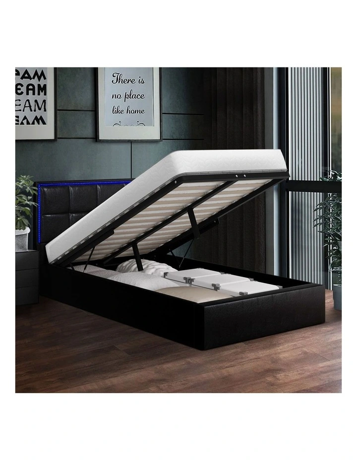 Oikiture Bed Frame King Single Size RGB LED Gas Lift Storage Base Leather image 5