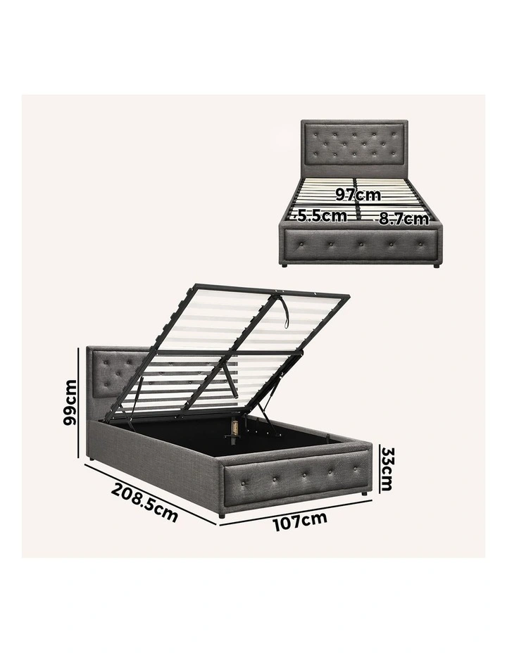 Oikiture Bed Frame King Single Size Gas Lift Base With Storage Grey Fabric image 3