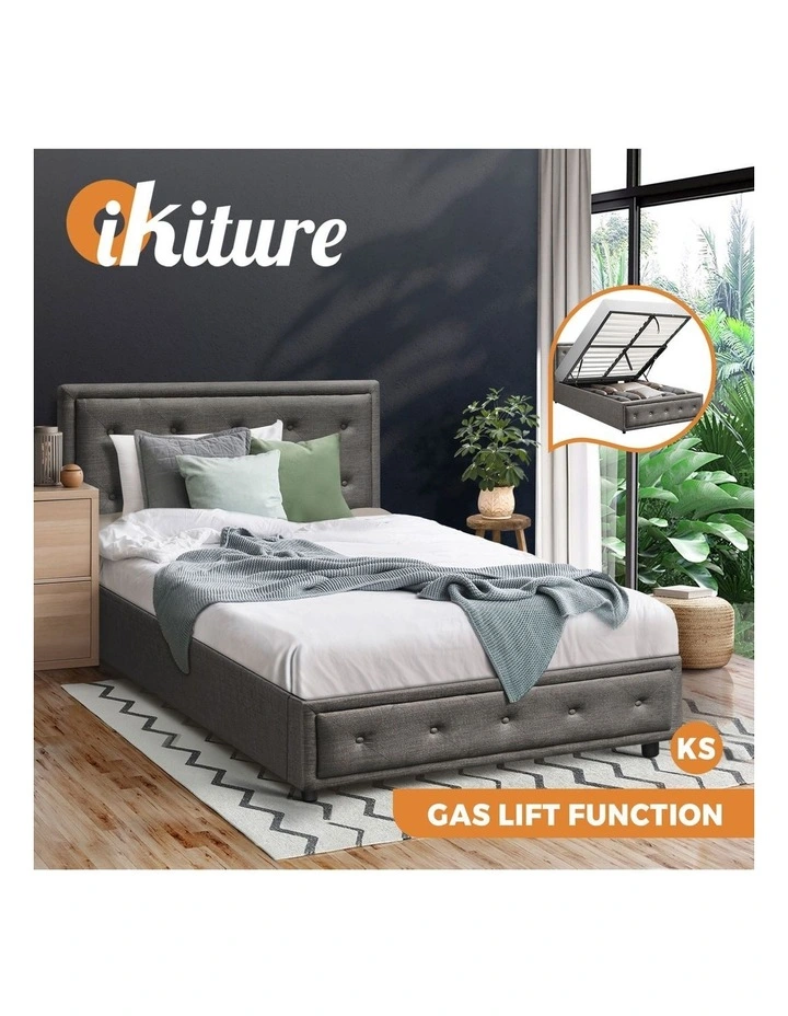 Oikiture Bed Frame King Single Size Gas Lift Base With Storage Grey Fabric image 4
