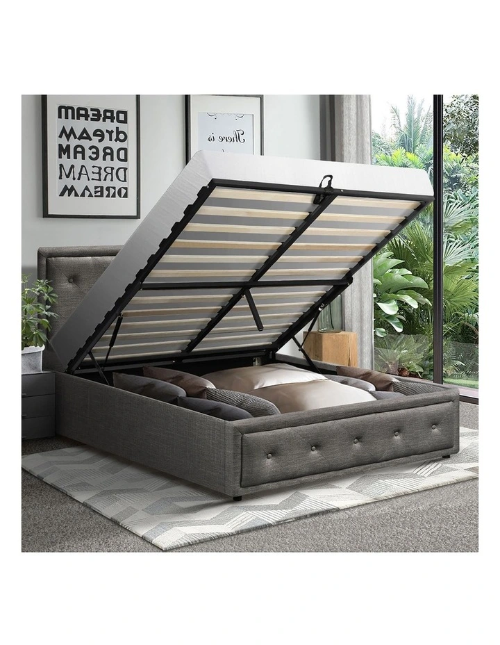 Oikiture Bed Frame King Single Size Gas Lift Base With Storage Grey Fabric image 5