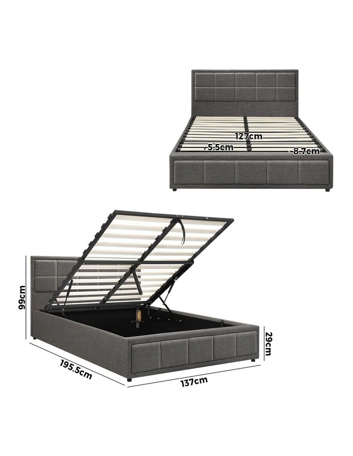 Oikiture Bed Frame Double Size Gas Lift Storage Base Fabric Grey image 3