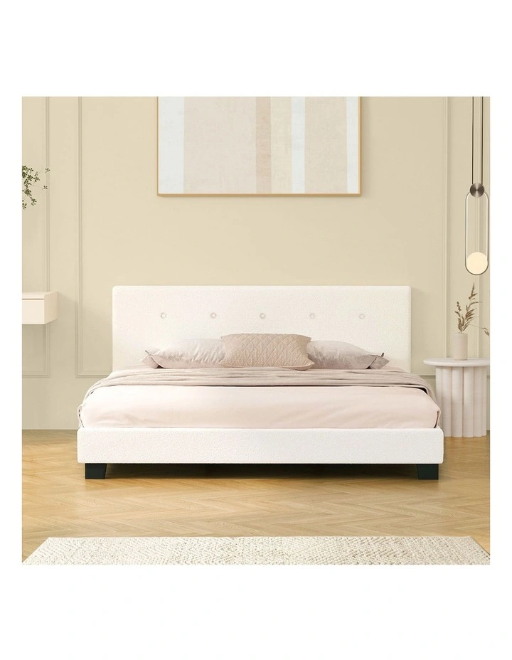 Oikiture Bed Frame Double Size Bed Platform White Boucle image 5