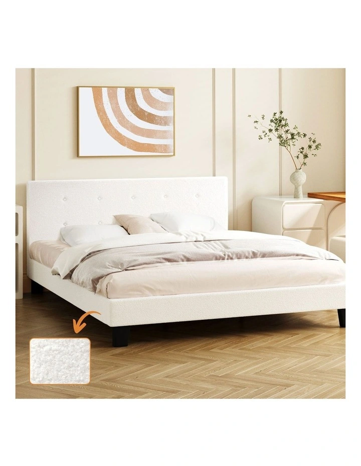 Oikiture Bed Frame Queen Size Bed Platform White Boucle image 4