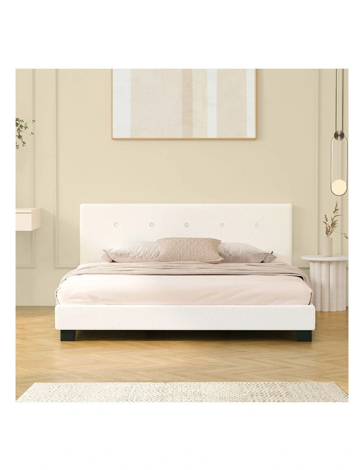 Oikiture Bed Frame Queen Size Bed Platform White Boucle image 5