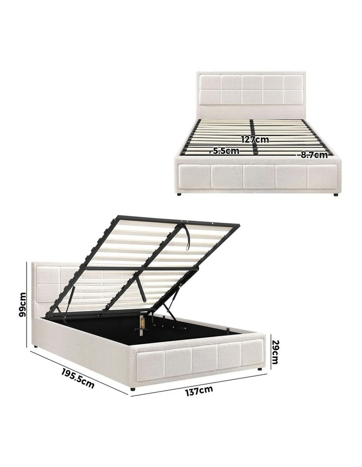 Oikiture Bed Frame Double Size Gas Lift Storage Bed Platform Boucle White image 3