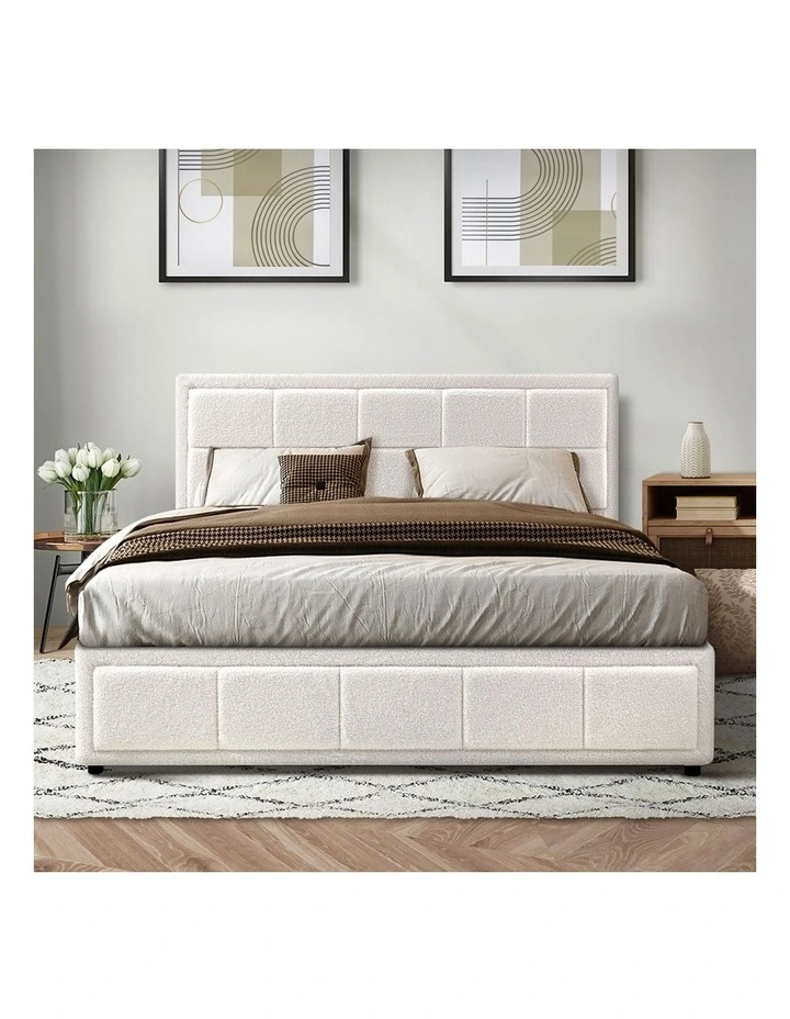 Oikiture Bed Frame Double Size Gas Lift Storage Bed Platform Boucle White image 6