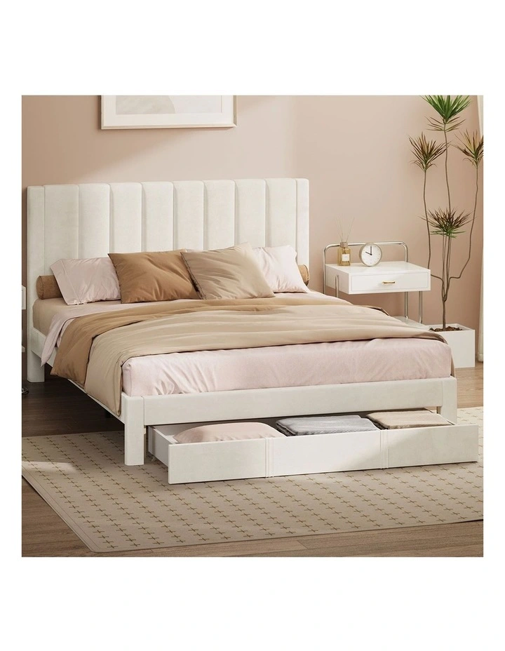 Oikiture Bed Frame Queen Size Headboard Platform Base with Drawer Beige image 4