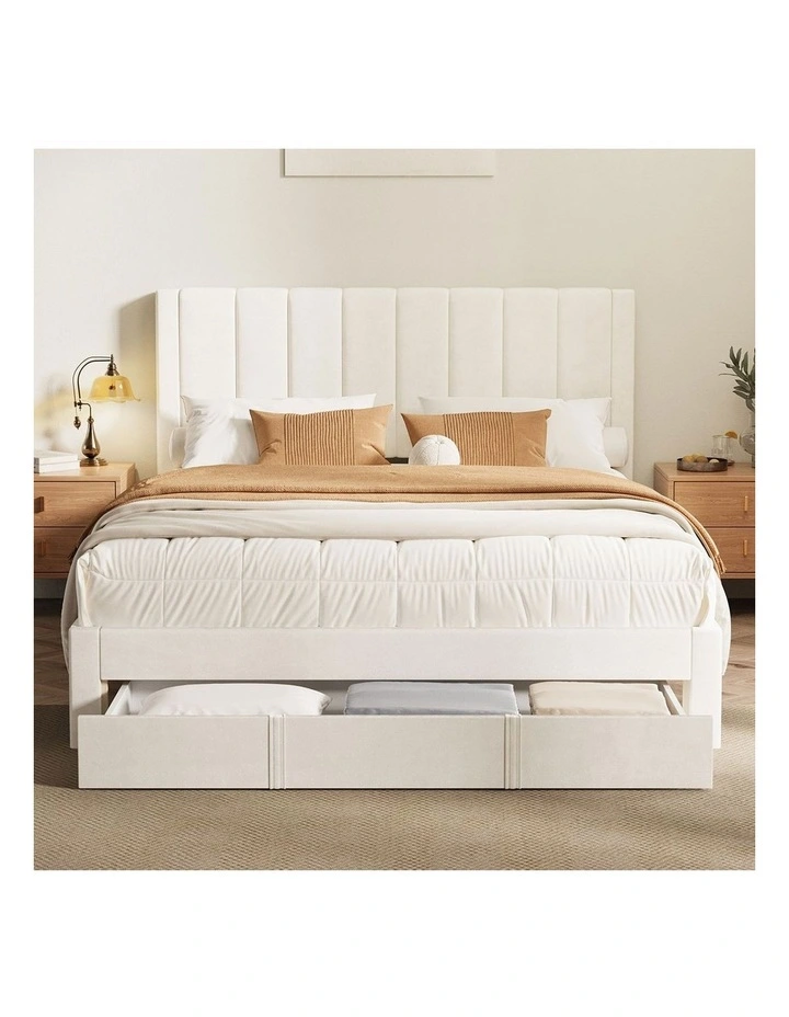 Oikiture Bed Frame Queen Size Headboard Platform Base with Drawer Beige image 5