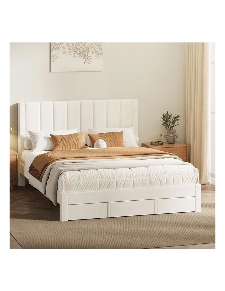 Oikiture Bed Frame Queen Size Headboard Platform Base with Drawer Beige image 7