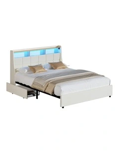 Oikiture Double Size Bed Frame Headboard RGB Lights with Drawer USB Charge Beige