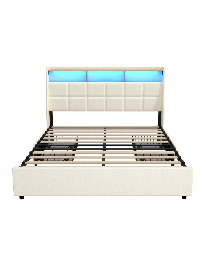 Oikiture Double Size Bed Frame Headboard RGB Lights with Drawer USB Charge Beige image 2