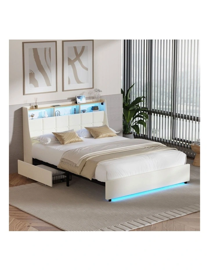 Oikiture Double Size Bed Frame Headboard RGB Lights with Drawer USB Charge Beige image 4