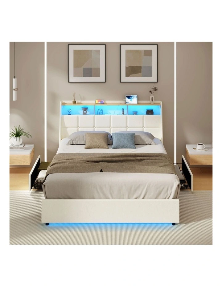 Oikiture Double Size Bed Frame Headboard RGB Lights with Drawer USB Charge Beige image 5