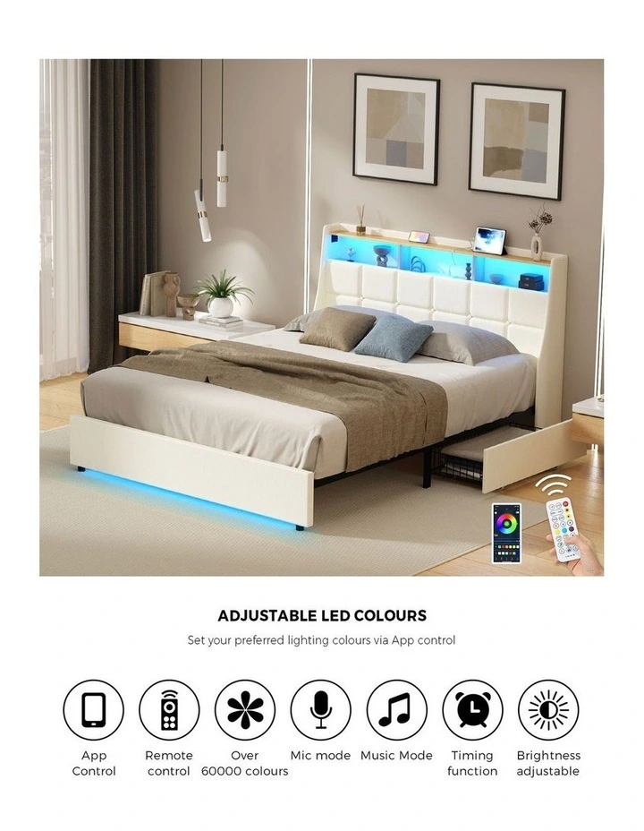 Oikiture Double Size Bed Frame Headboard RGB Lights with Drawer USB Charge Beige image 6