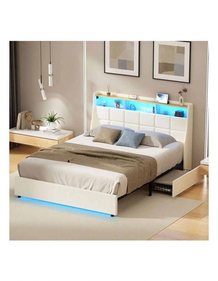 Oikiture Double Size Bed Frame Headboard RGB Lights with Drawer USB Charge Beige image 7